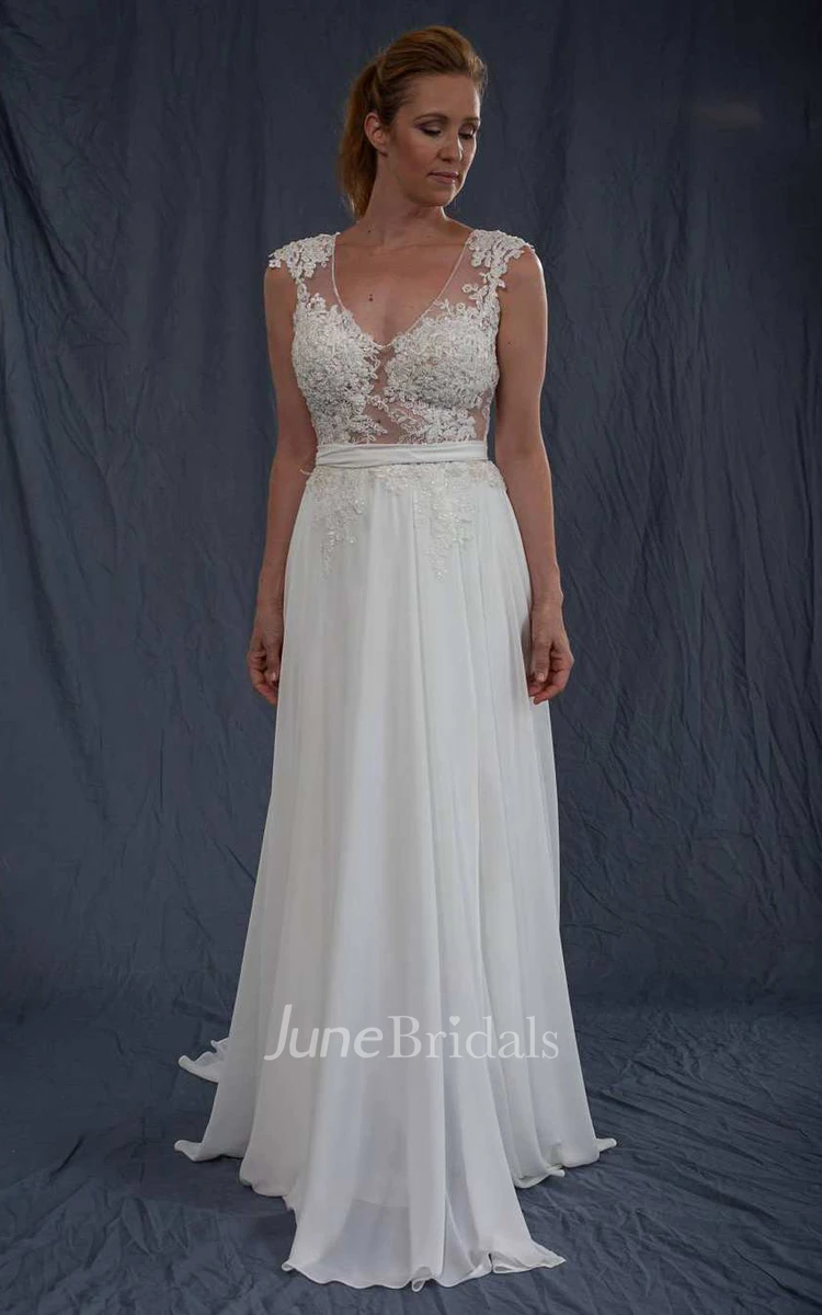 Plunged Cap-Sleeve Sleeveless Chiffon Wedding Dress With Keyhole And Appliques