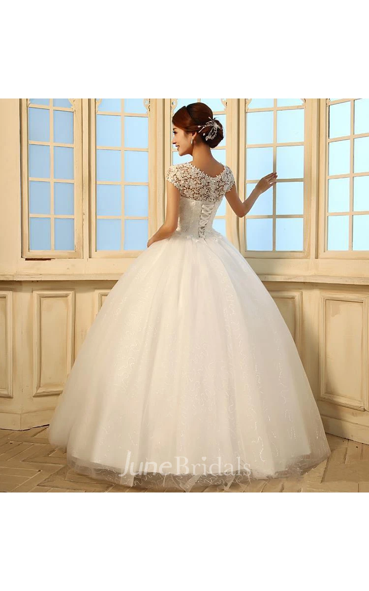 Gorgeous Cap Sleeve Lace Ball Gown Tulle Wedding Dresses Lace-up