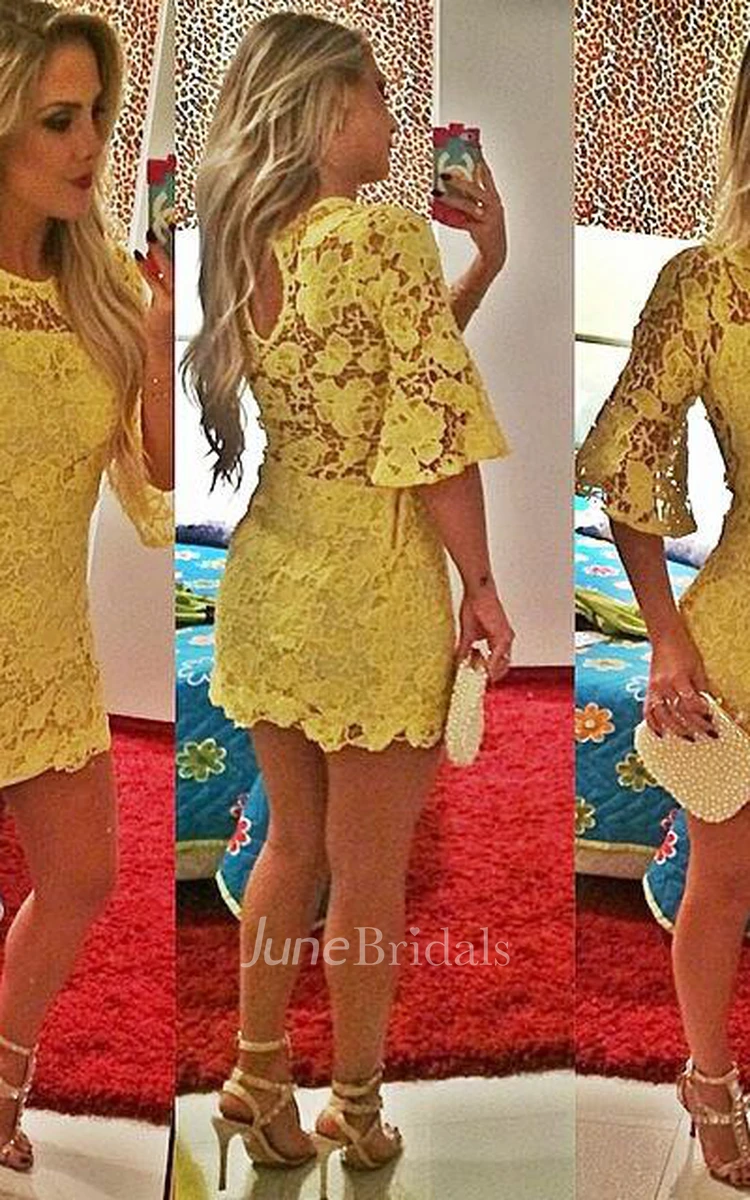 Sexy Short Yellow Cocktail Dress Lace Half Sleeve