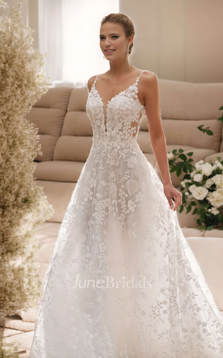 Floral Garden Boho Lace A-Line Spaghetti Strap Wedding Dress Sexy Modern Sleeveless Backless Open Back Chapel Train Bridal Gown