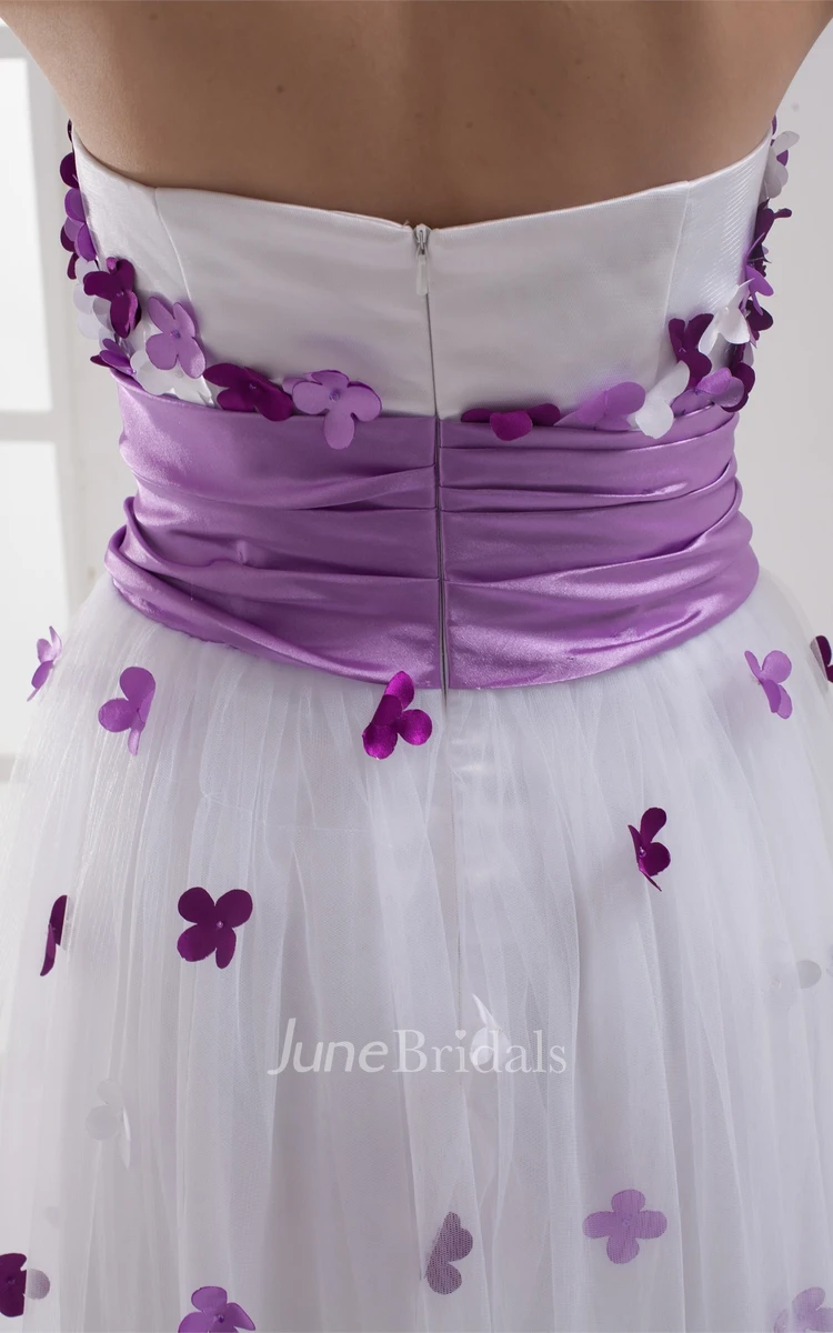 Two-Tone Tulle Floor-Length Dress with Pleats and Floral Top