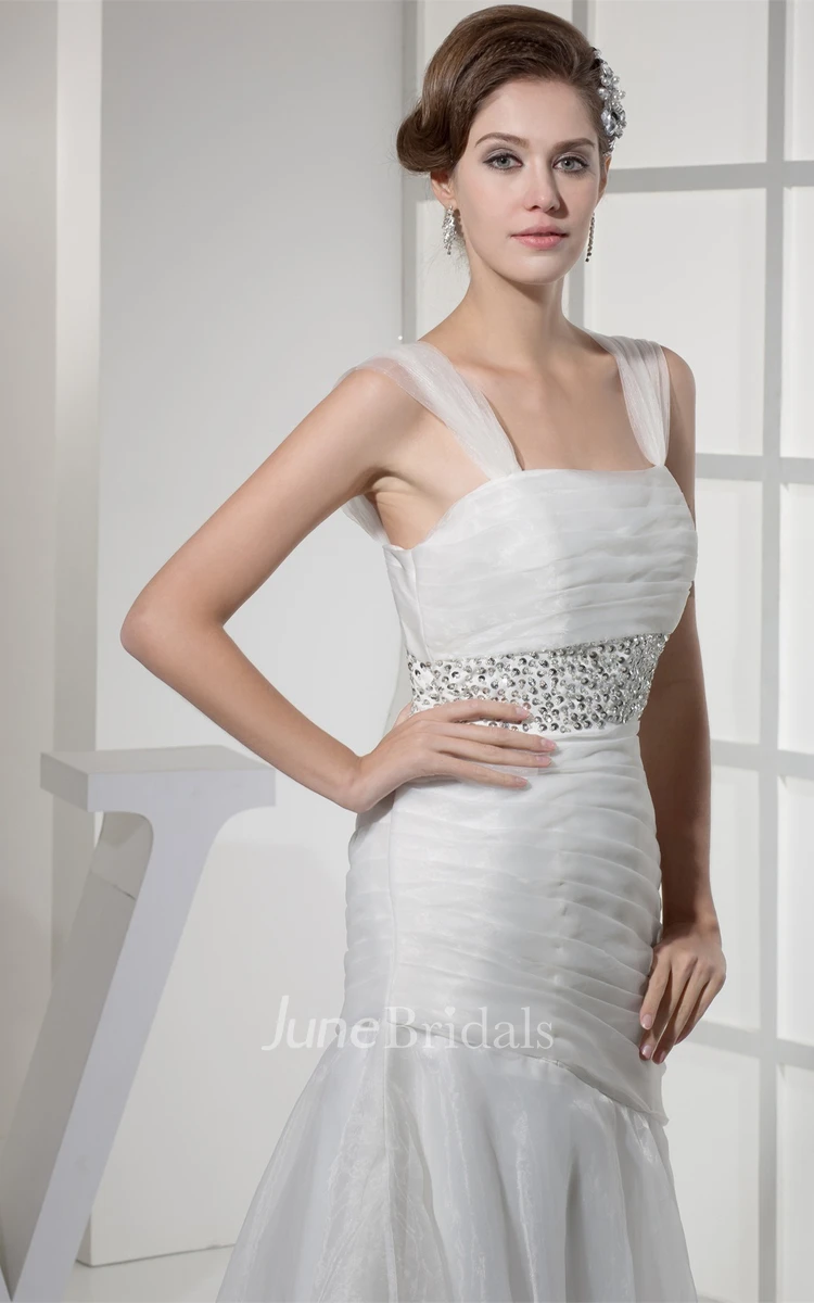 Strapped Mermaid Ruched Gown with Jeweled Waist