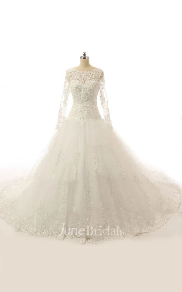 A-Line Long Sleeve Sweep Train Tulle Lace Dress With Beading