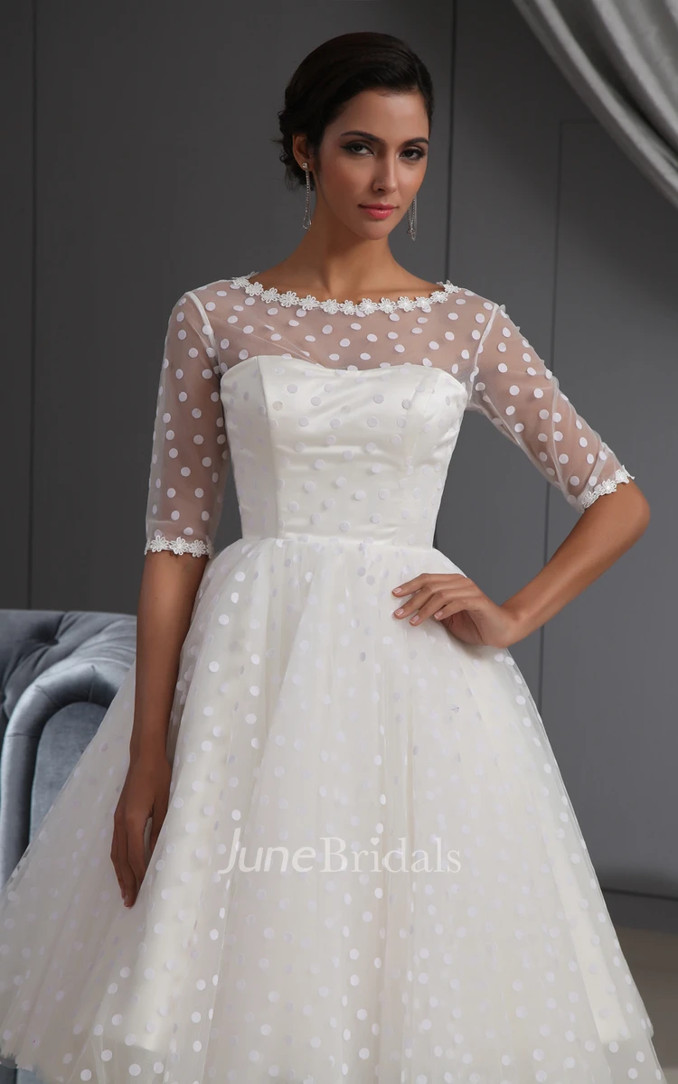 Half-Sleeve Illusion Midi Dress With Dot And Lace