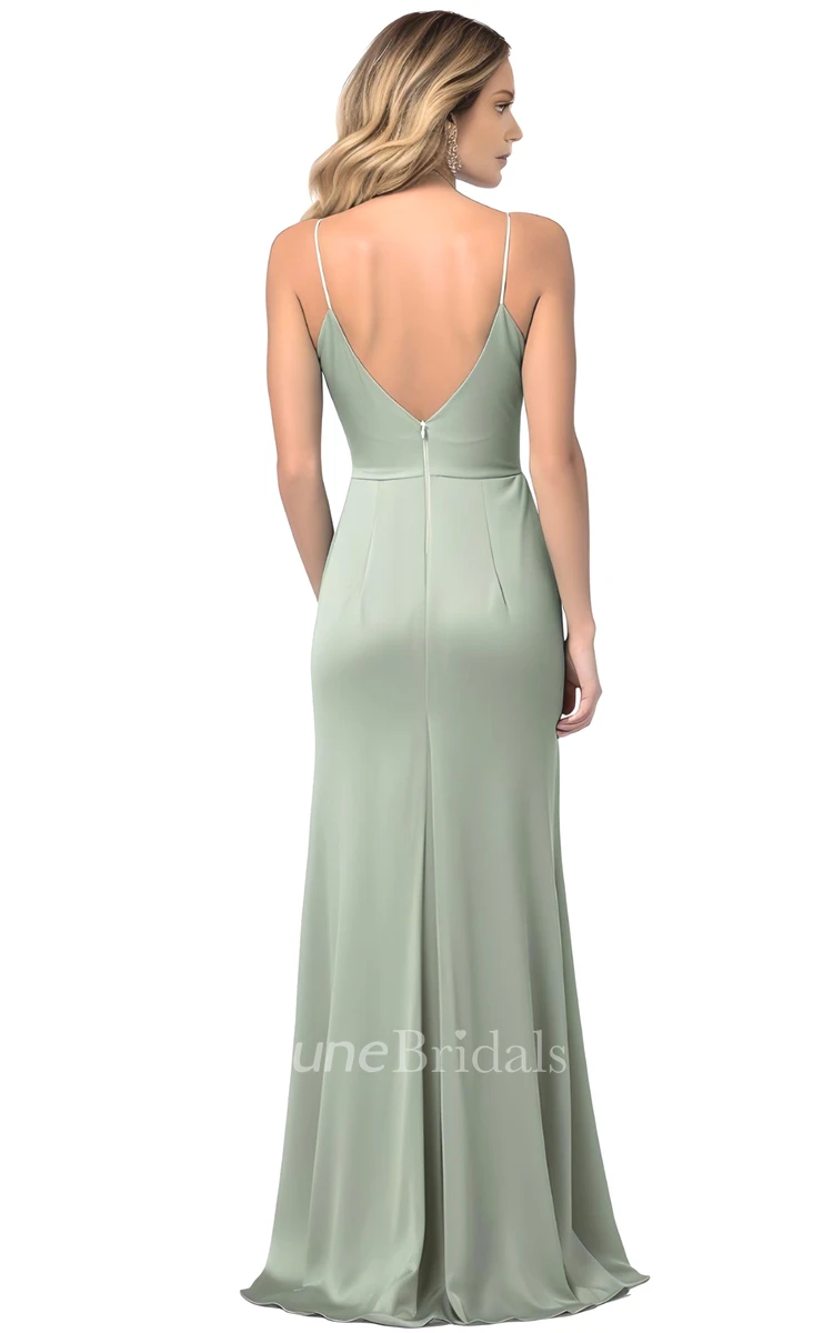 Simple A-Line Spaghetti V-neck Satin Bridesmaid Dress with Split Front