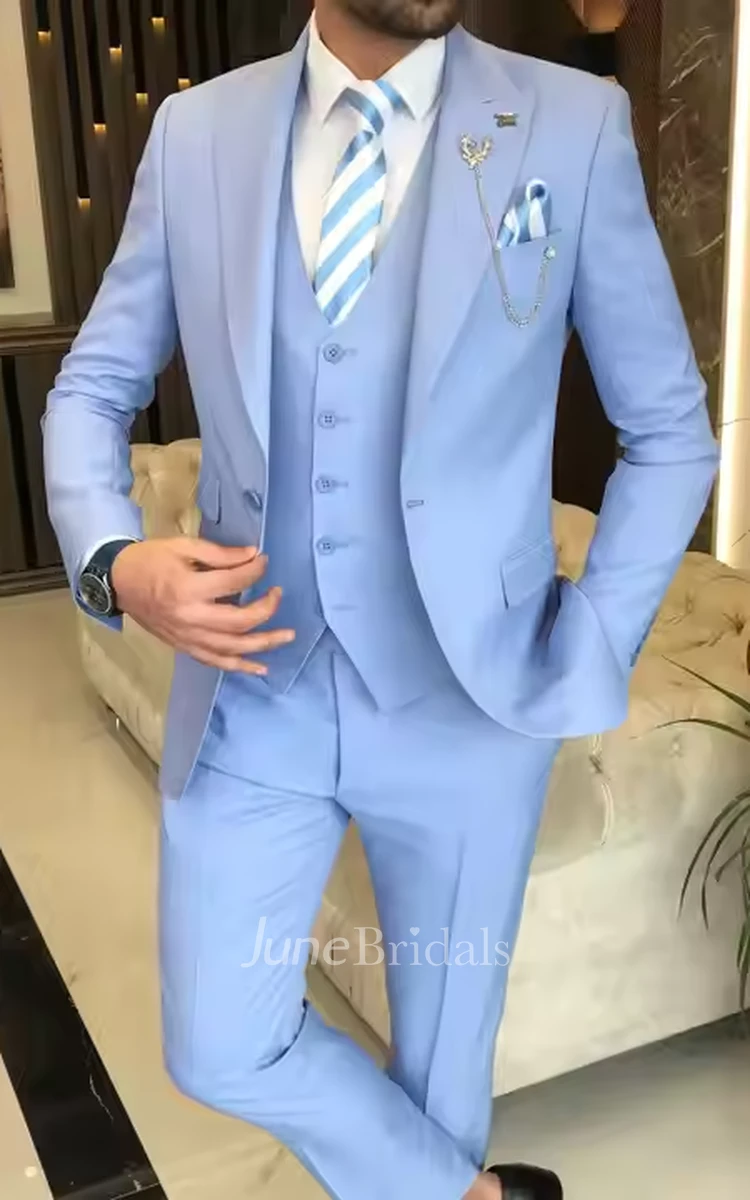 Modern Blue Single-Breasted 2-Piece Suit for Men with Peaked Lapel and Casual Slim Fit