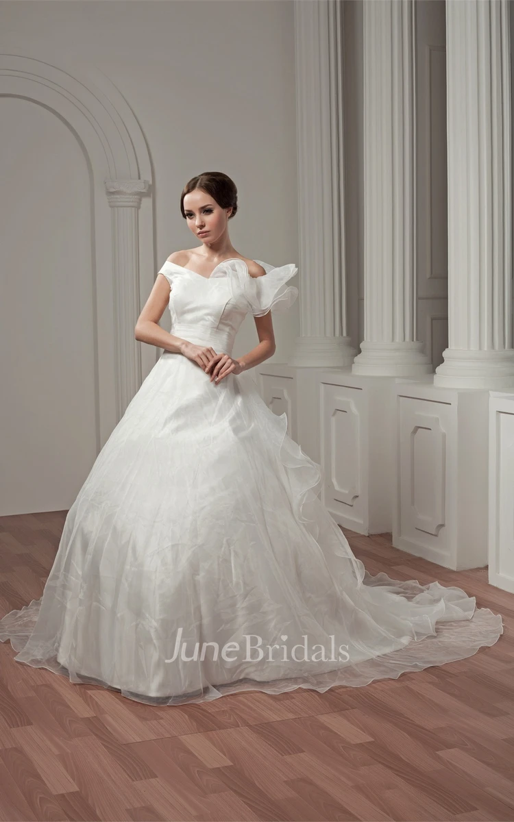 Off-The-Shoulder A-Line Ball Gown with Draping and Ruched Waist