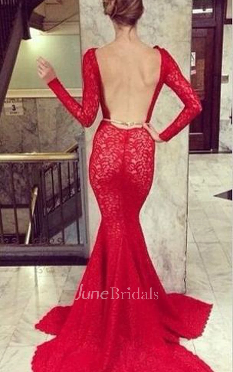 Backless Lace Mermaid Prom Dresses Bateau High Neck Long Sleeve Sheer Party Gowns With Court Train