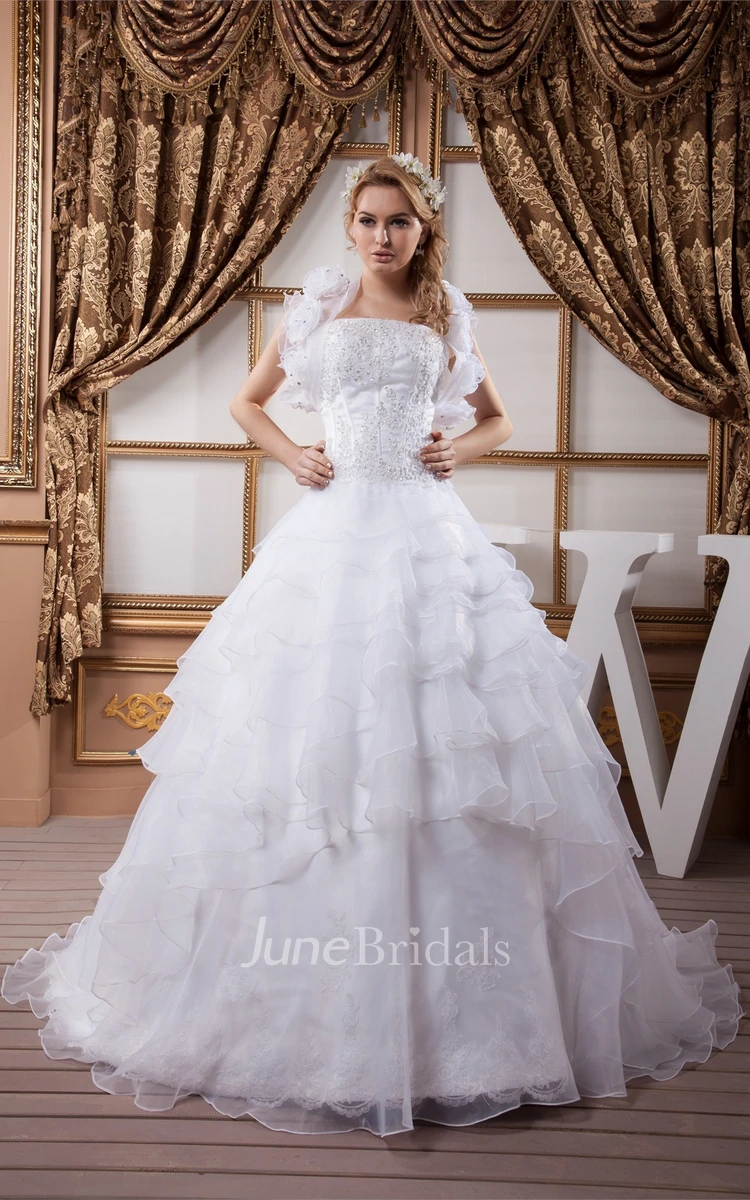 Beaded Strapless Ruffled Gown with Beading and Bolero