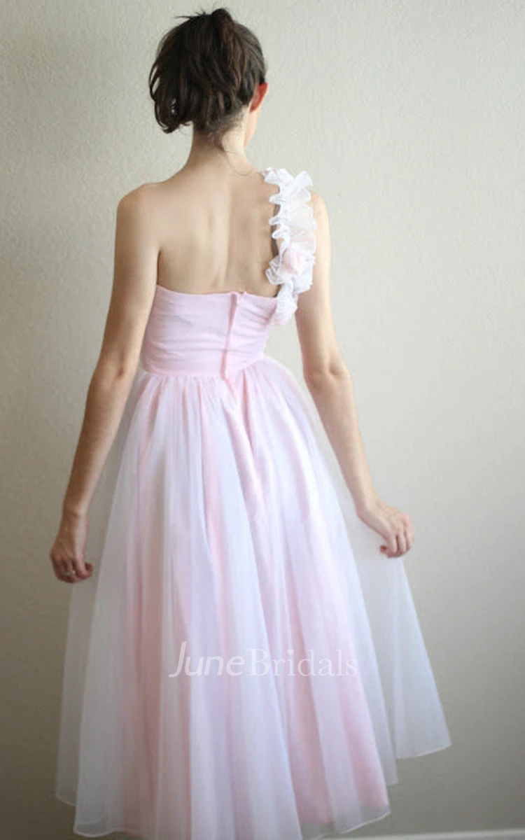 Angelic One-shoulder Tea-length A-line Tulle Dress With Flowers
