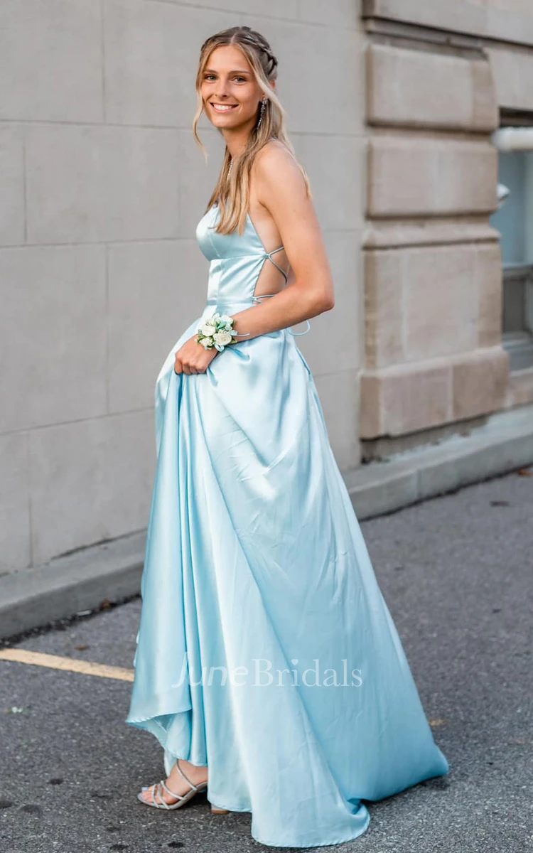 Simple A Line Off-the-shoulder Satin Sleeveless Evening Dress with Split Front and Train Sexy Bohemian Elegant