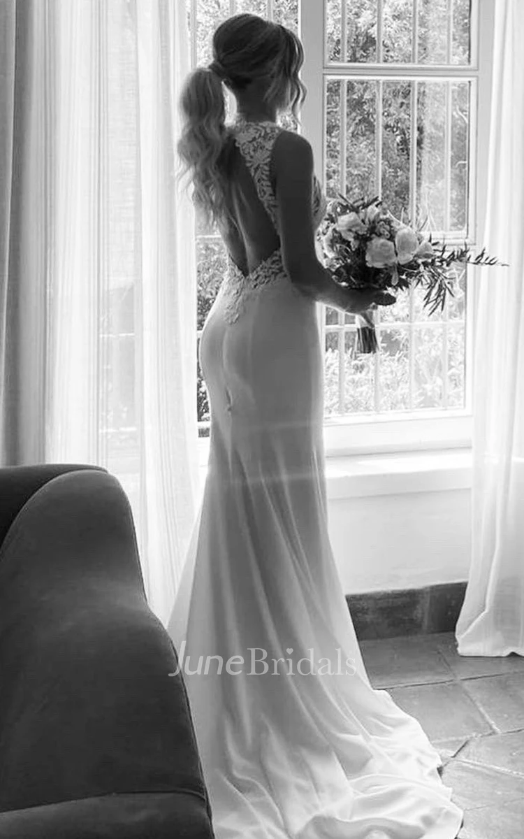 Simple Sheath Jewel Lace Neck Wedding Dress with Satin Sweep Train Keyhole Back