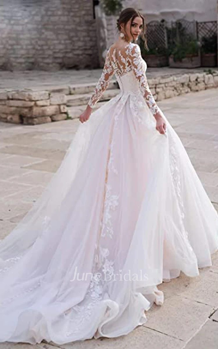 A-Line Plunging Neckline Lace Wedding Dress Casual Elegant Adorable Beach With Open Back And Illusion Long Sleeves And Appliques