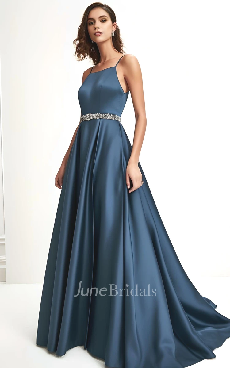 Sexy A Line Spaghetti Square Satin Sleeveless Evening Dress with Train Simple Ethereal Modern Floor-length
