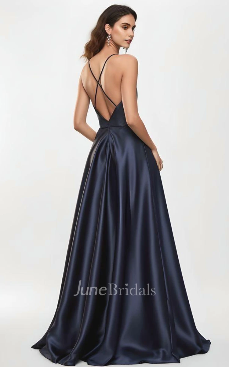 Ethereal A Line V-neck Satin Sleeveless Evening Dress Simple Beautiful Sexy Elegant Modern Floor-length