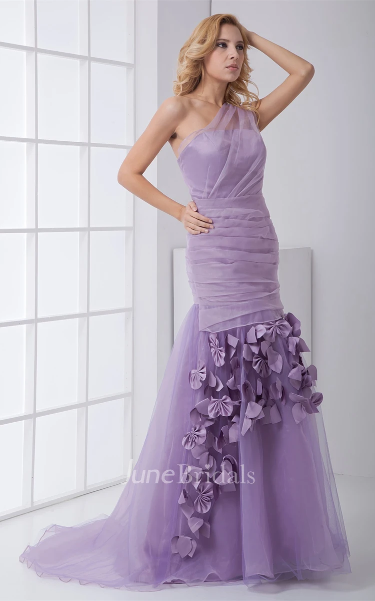 One-Shoulder Tulle Column Dress with Ruching and Flower