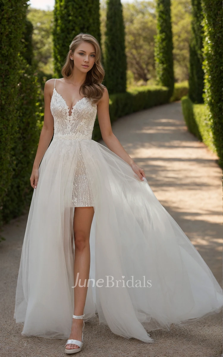 Ethereal Adorable Two Piece A-Line Floor-length Tulle Flower Lace Spaghetti Detachable Train Wedding Dress Elegant Sexy Plunging Neckline Mini Bodycon Sleeveless Appliques Bridal Gown