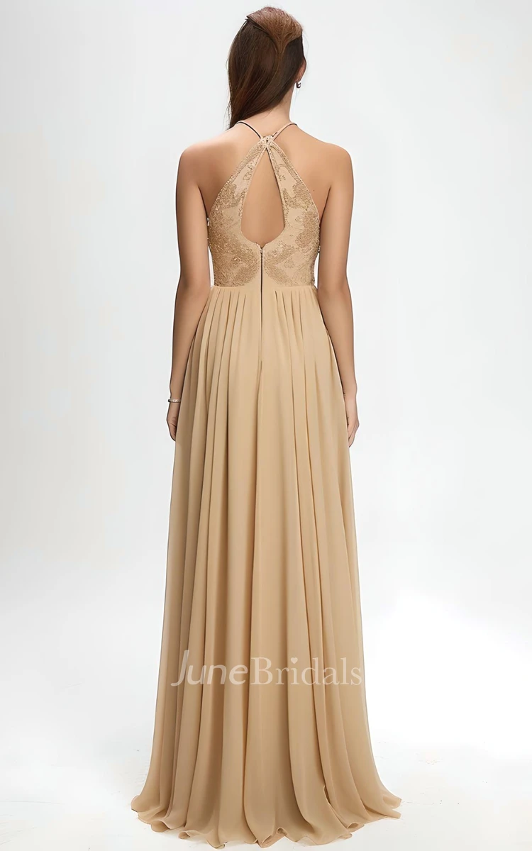 Chiffon Lace Sleeveless 2024 A-Line Prom Dress Casual Bohemian Elegant Halter Neck Floor-length Keyhole Back