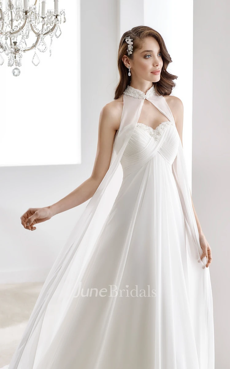 High-Neck Sweetheart Draping Chiffon Wedding Dress With Crisscross Bust And Beaded Details
