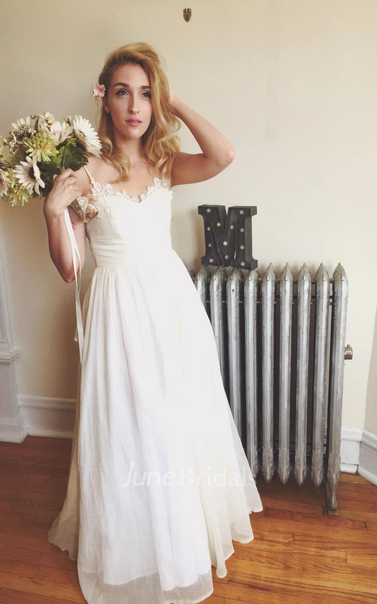 Bohemian Backless Spaghetti Strap Pleated A-Line Long Chiffon Dress Wedding Dress