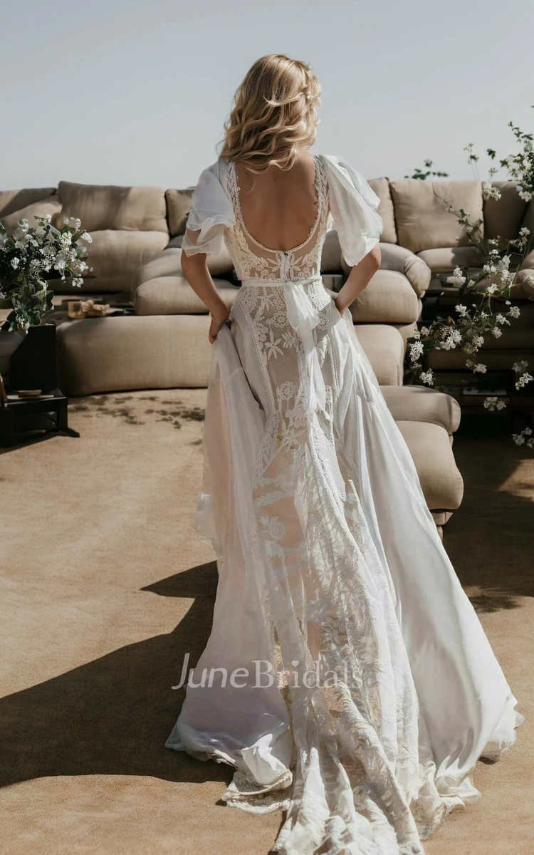 Modest Vintage Boho A-Line Lace Wedding Dress Floral Casual V-Neck Short Butterfly Sleeve Low Back Chiffon Court Train Bridal Gown