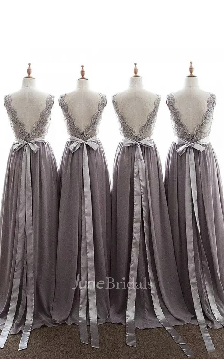 A-Line V-neck Sleeveless Chiffon Lace Dress