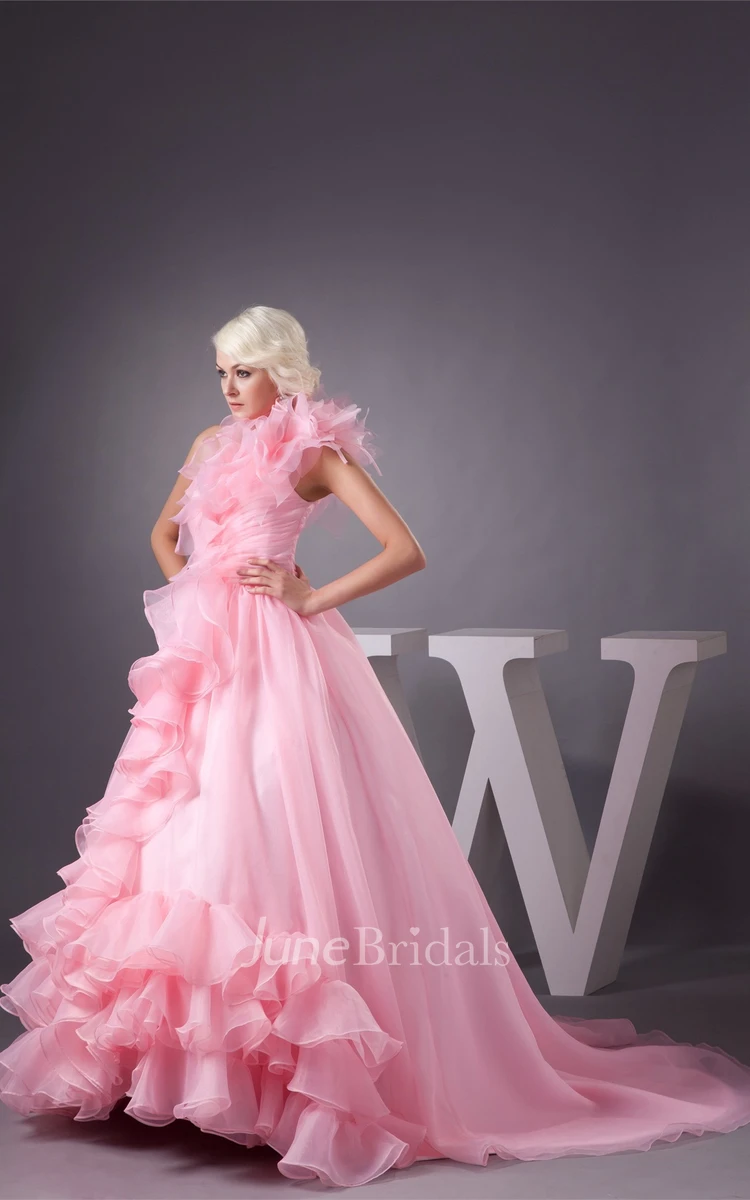 One-Shoulder Ruffled A-Line Dress with Tiers and Draping