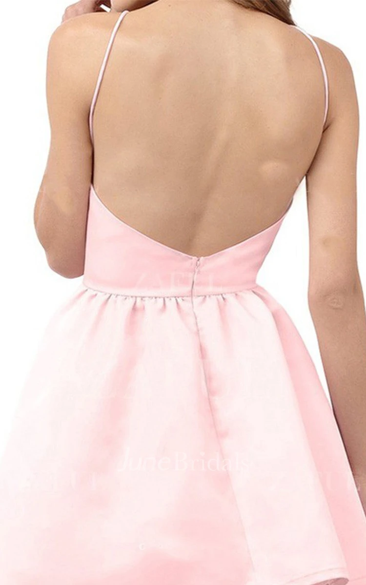 A-line Halter Sleeveless Ruching Short Mini Satin Homecoming Dress