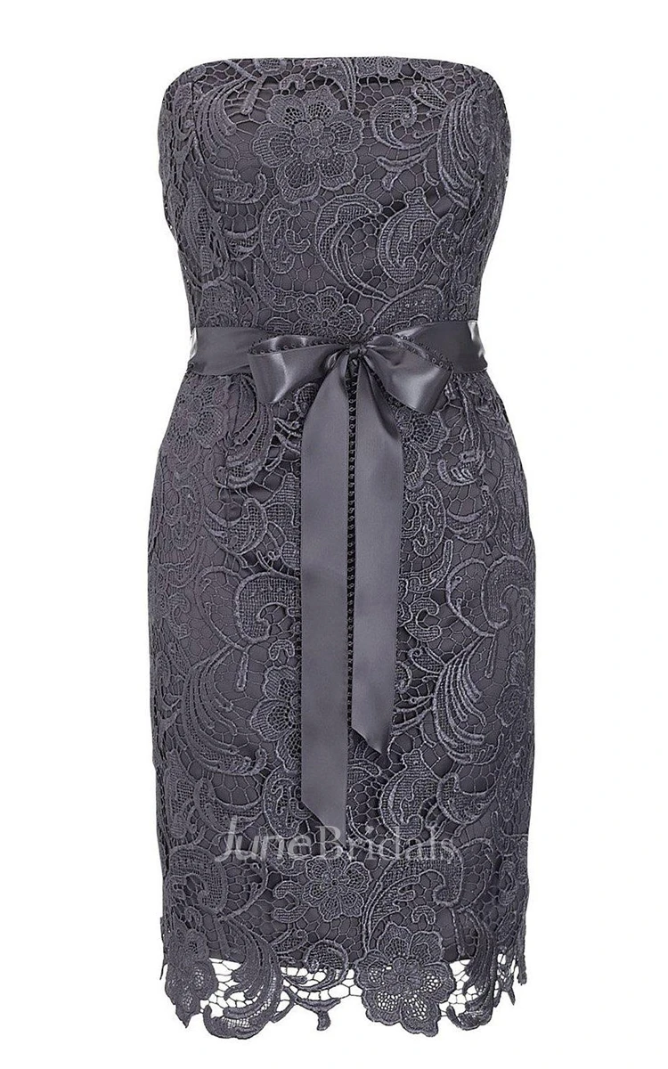 Strapless Lace Sheath Dress With Bow Tie