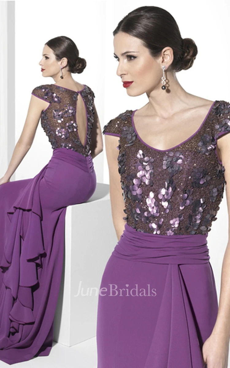 Mature Modest Sheath Short Cap Sleeve Sequined Jersey Prom Party Dress