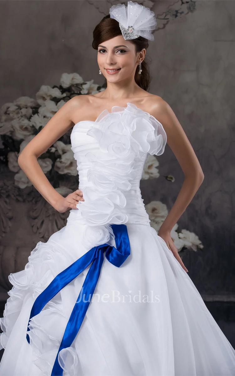 Strapless Ruched Pick-Up Gown with Flower and Ribbon