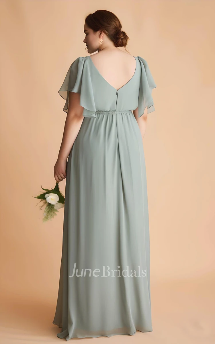 Plus Size Sheath Chiffon Short Sleeve Bridesmaid Dress Simple Casual Modest Elegant V-neck Floor-length