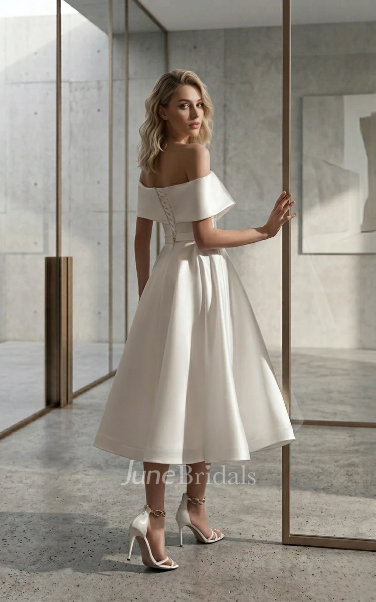 Minimalist Off-the-Shoulder Tea-length Wedding Dress Modern A-Line Criss Cross Satin Gown