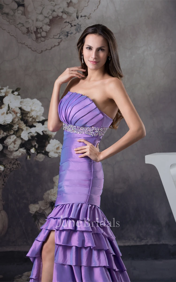 Strapless Ruched Front-Split Dress with Tiers and Jeweled Waist