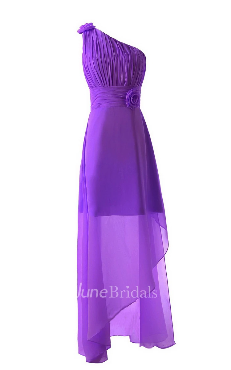 Asymmetrical One-shoulder Pleated Chiffon A-line Dress With Flowers
