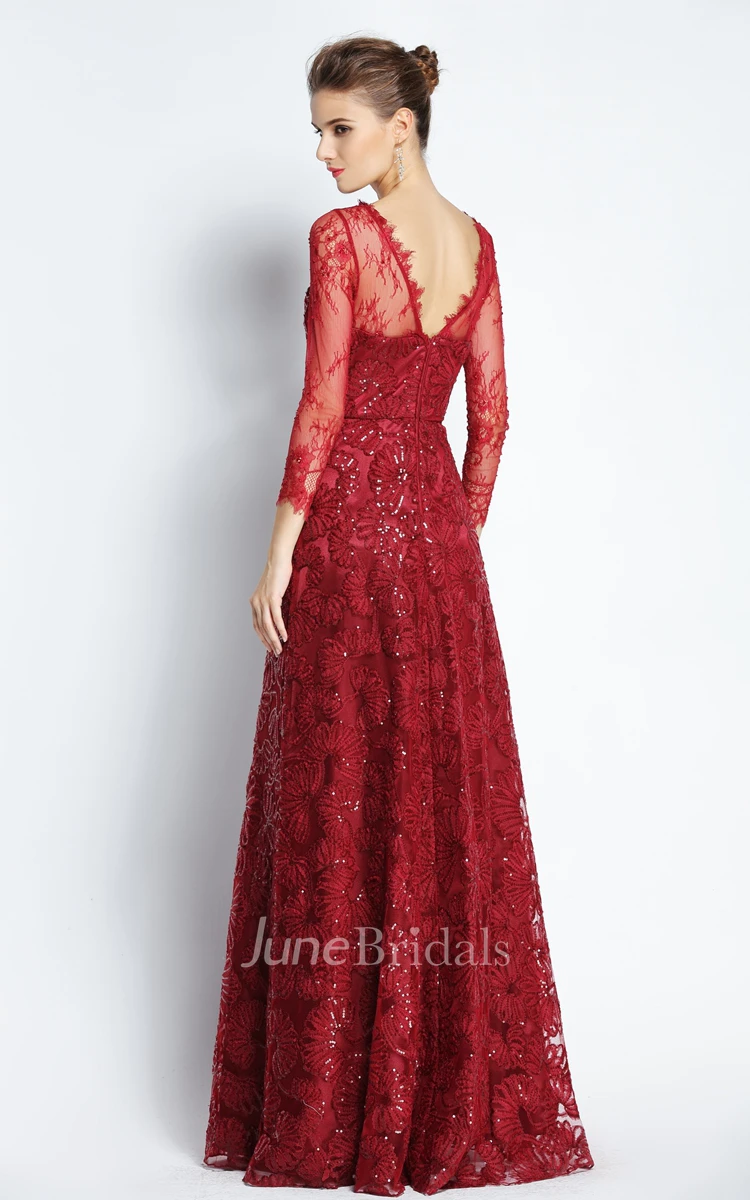 A-Line Bateau Scalloped Illusion Long Sleeve Floor-length Lace Prom Dress with Low-V Back