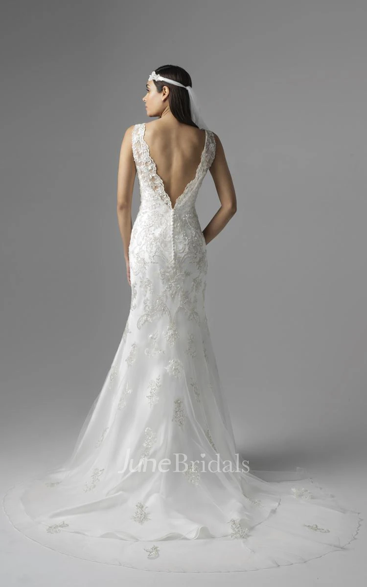 Sheath Floor-Length V-Neck Sleeveless Tulle&Satin Wedding Dress With Beading And Deep-V Back