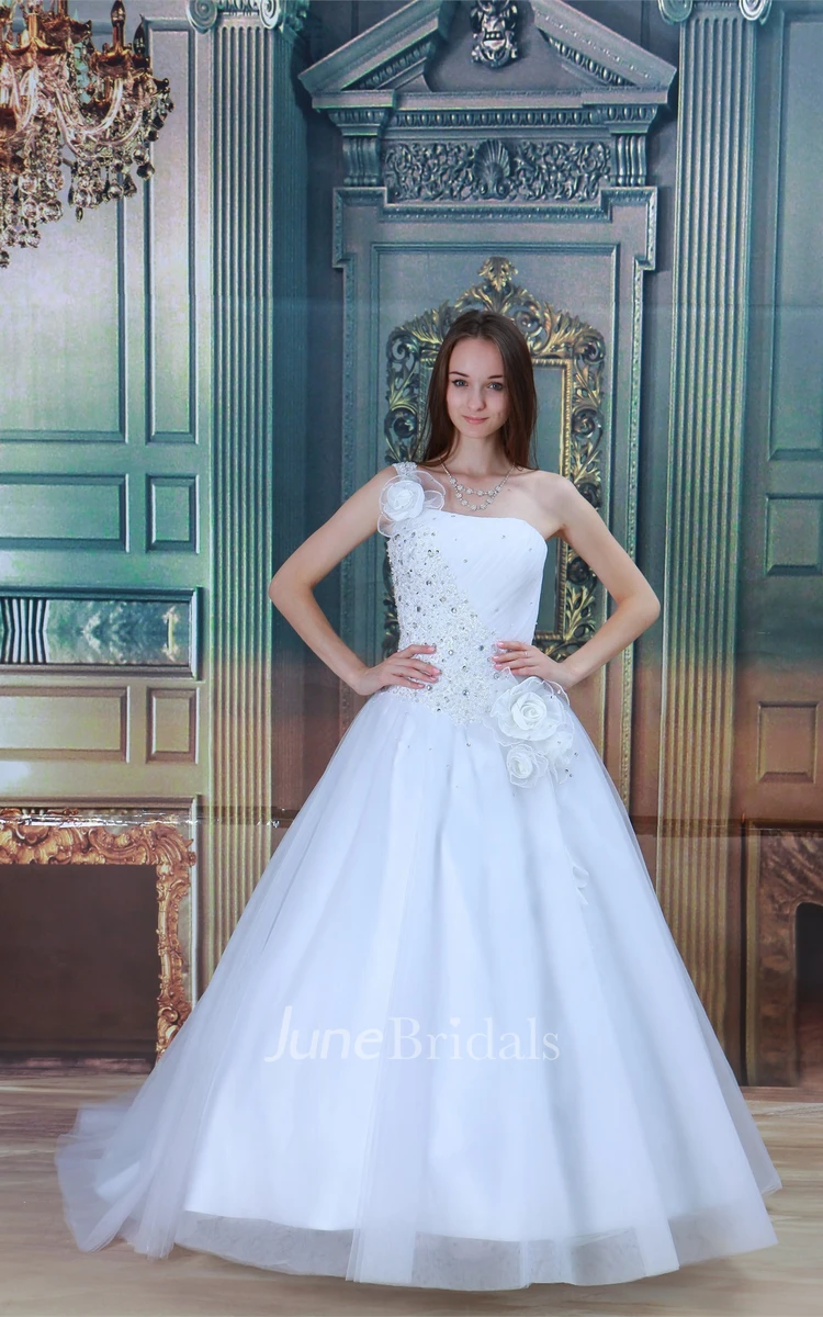 One-Shoulder Jeweled Ball Gown with Ruching and Flower