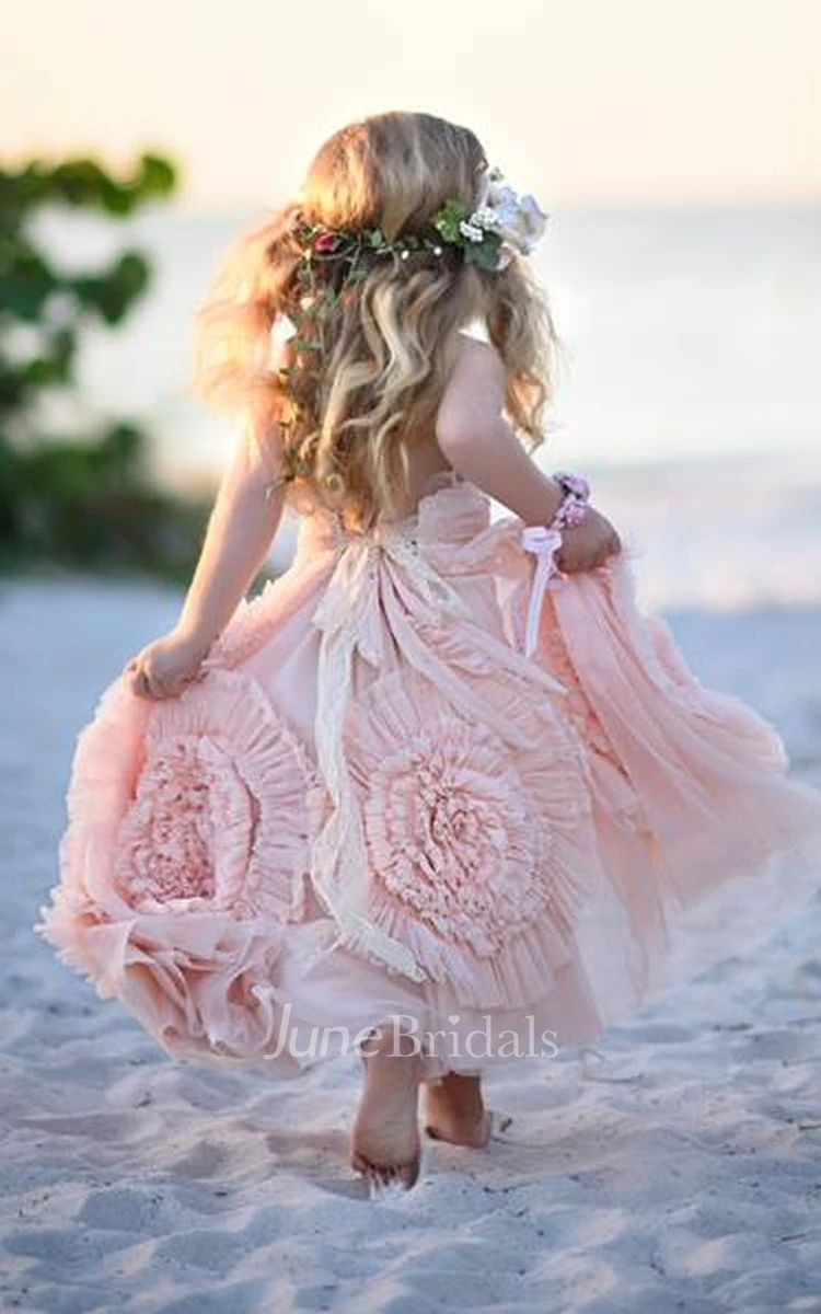 Dreaming Floor length Tied Back Ball Gown Flower Girl Dress with Handmade Flowers