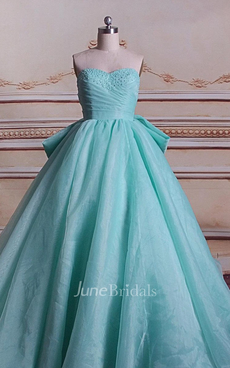 Ball Gown Lace Organza Satin Dress With Pleats Bow Beading Ruffles Corset Back