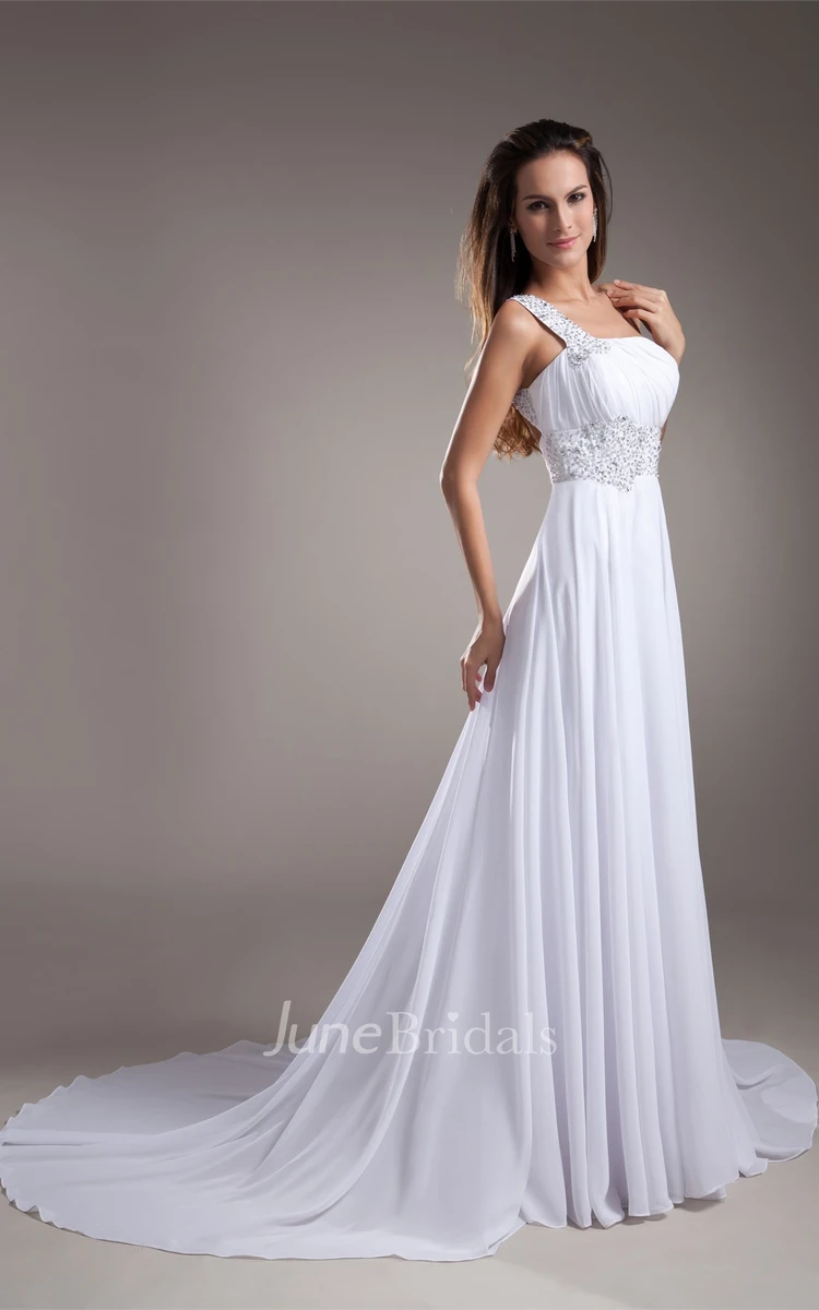 gossameray maxi chiffon dress with single strap and jeweled waist