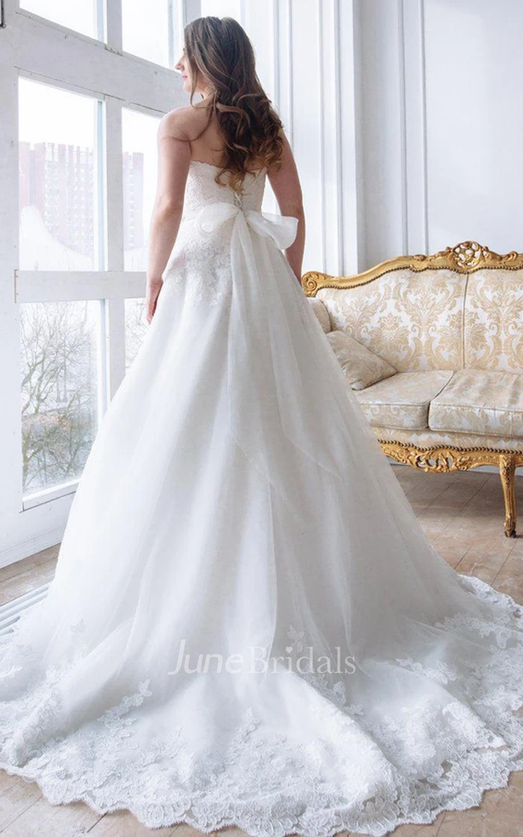 Strapless A-Line Ball Gown Appliqued Wedding Dress With Beaded Waist And Court Train