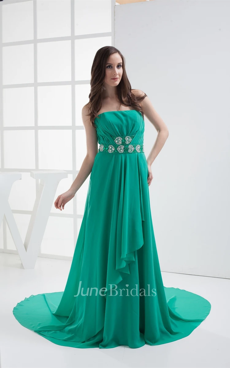Side Draping Strapless Ruched Gown with Beaded Sash Detachable Cap Sleeve