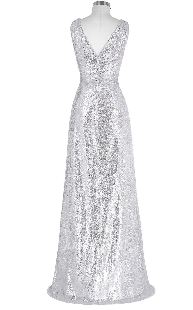 V-neck Sleeveless A-line Sequins Dress With Pleats