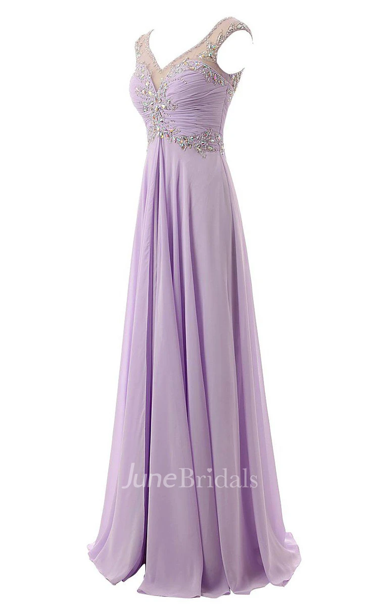 Cap-sleeved Long Gown With Beaded Illusion Style
