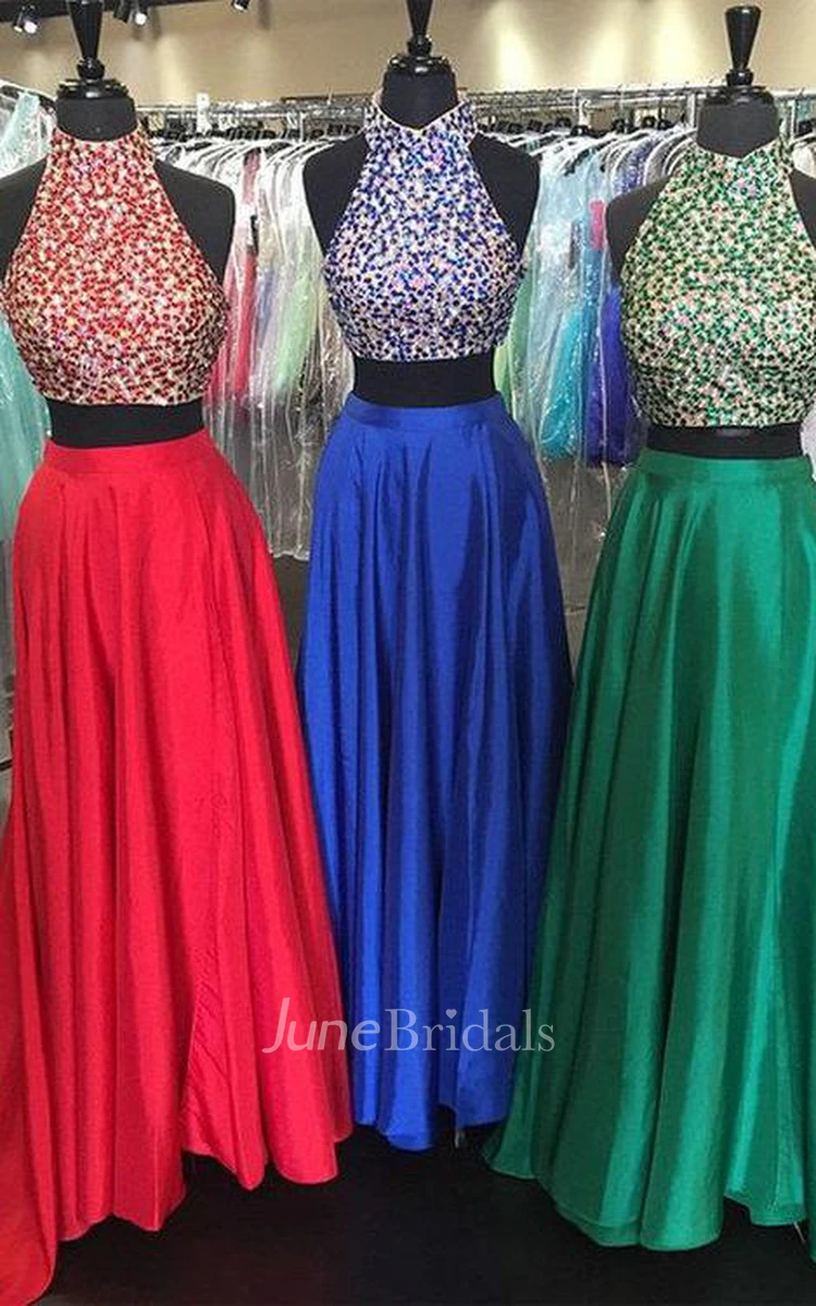 Two Pieces Gorgeous Beadings Prom Dresses High Neck Long