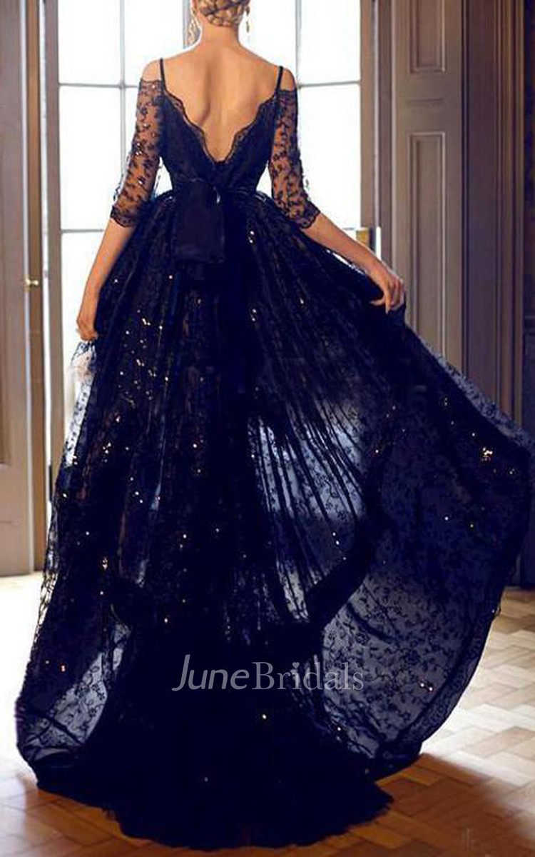 High low Half Sleeves Lace Prom Dresses Evening Gowns With Straps June Bridals