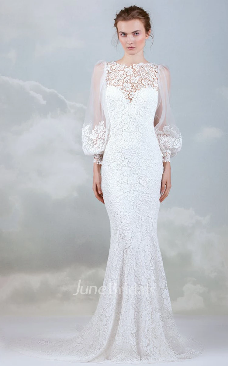Elegant Bateau Long Sleeve Sweep Floor-Length Mermaid Wedding Dress With Low-V Back