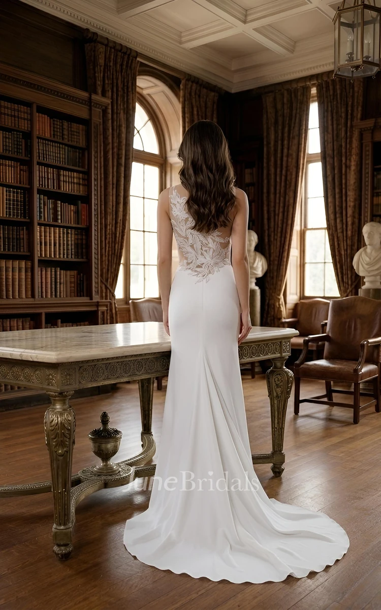 Minimalist Sleeveless Mermaid Wedding Dress Deep V-Neck Lace Illusion Back Bridal Gown
