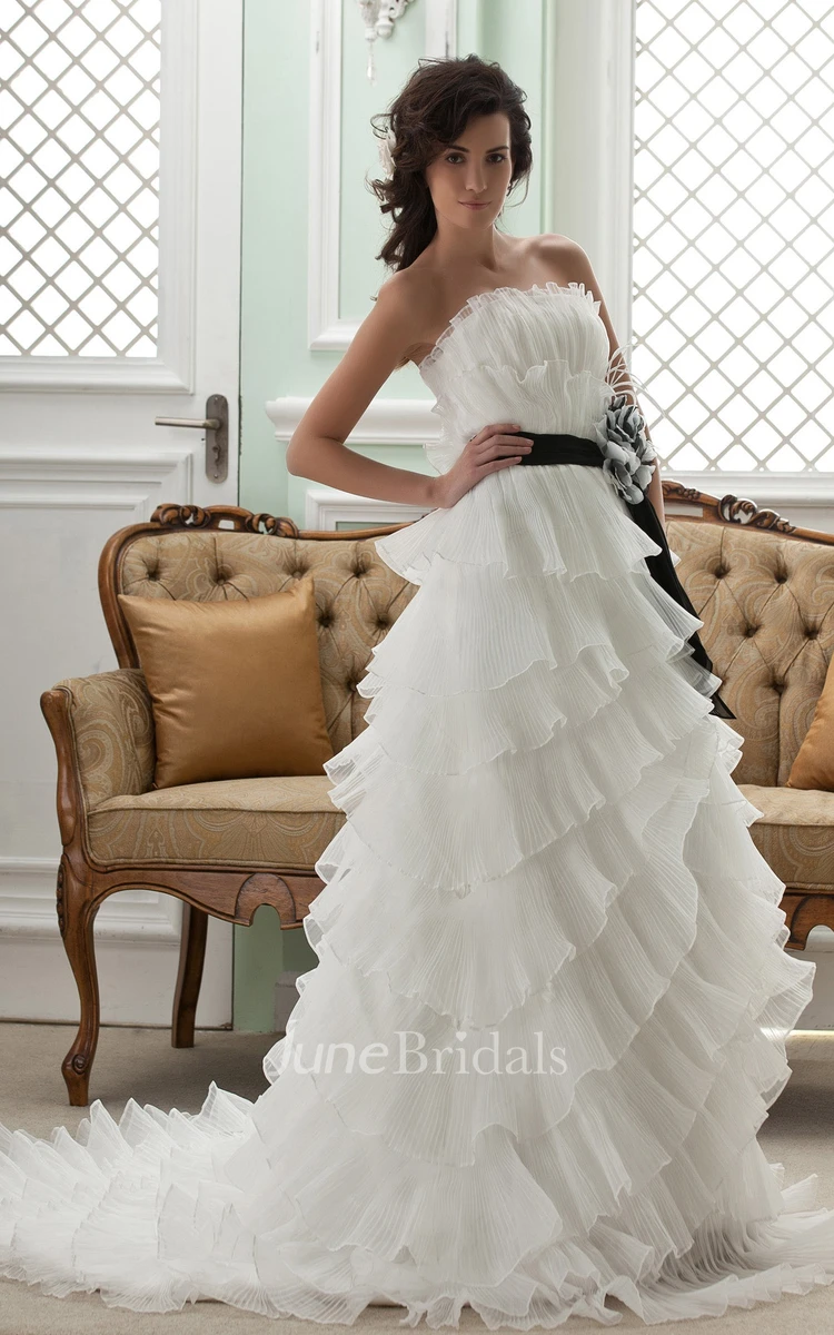 Strapless Ruffled A-Line Dress With Tiers and Ribbon